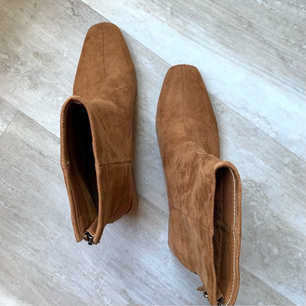 Lulus Square Toed Block Heel Camel Color Suede Ankle Boots - Picture 8 of 16